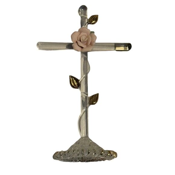 Glass Cross with Pink Rose & Leaves Home Decor Cake Topper Religion Church - Picture 1 of 6
